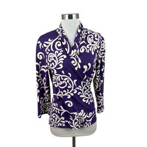 J. McLaughlin Purple Scroll Catalina Cloth Surplice Faux Wrap Top Size Small